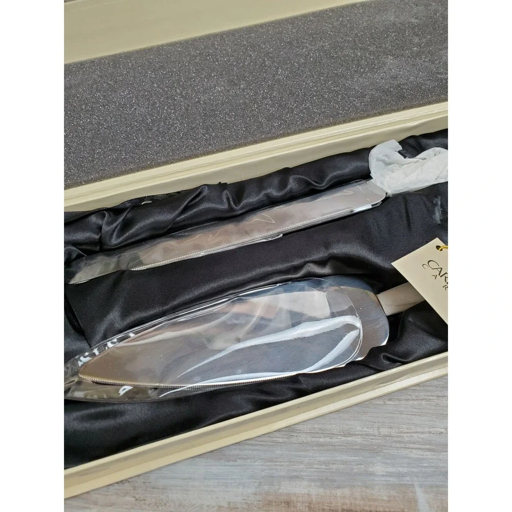 Carlton Cards Wedding Cake Server and Knife Set Silver Scroll Rhinestone NWT